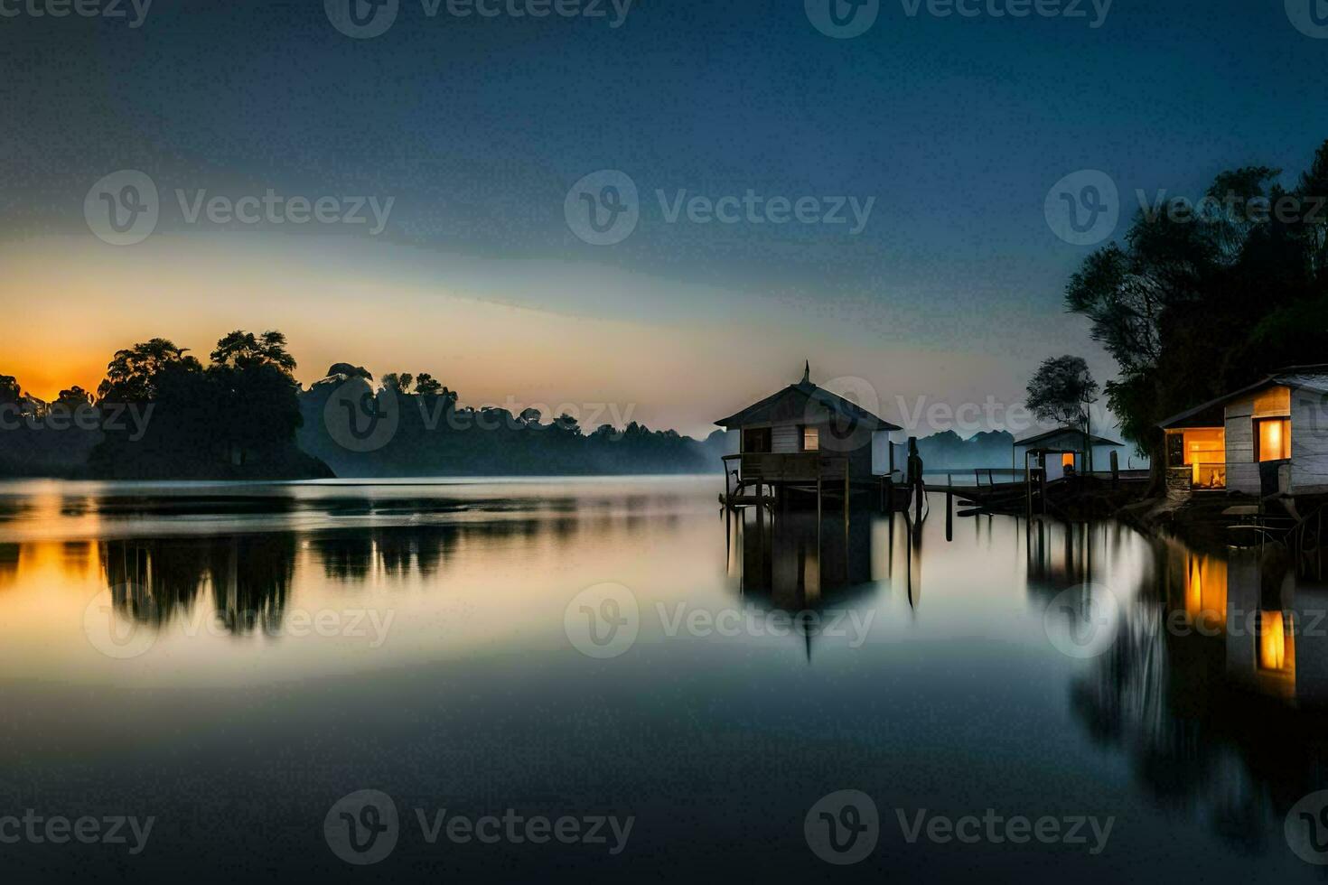 a lake with houses on the shore at sunset. AI-Generated photo