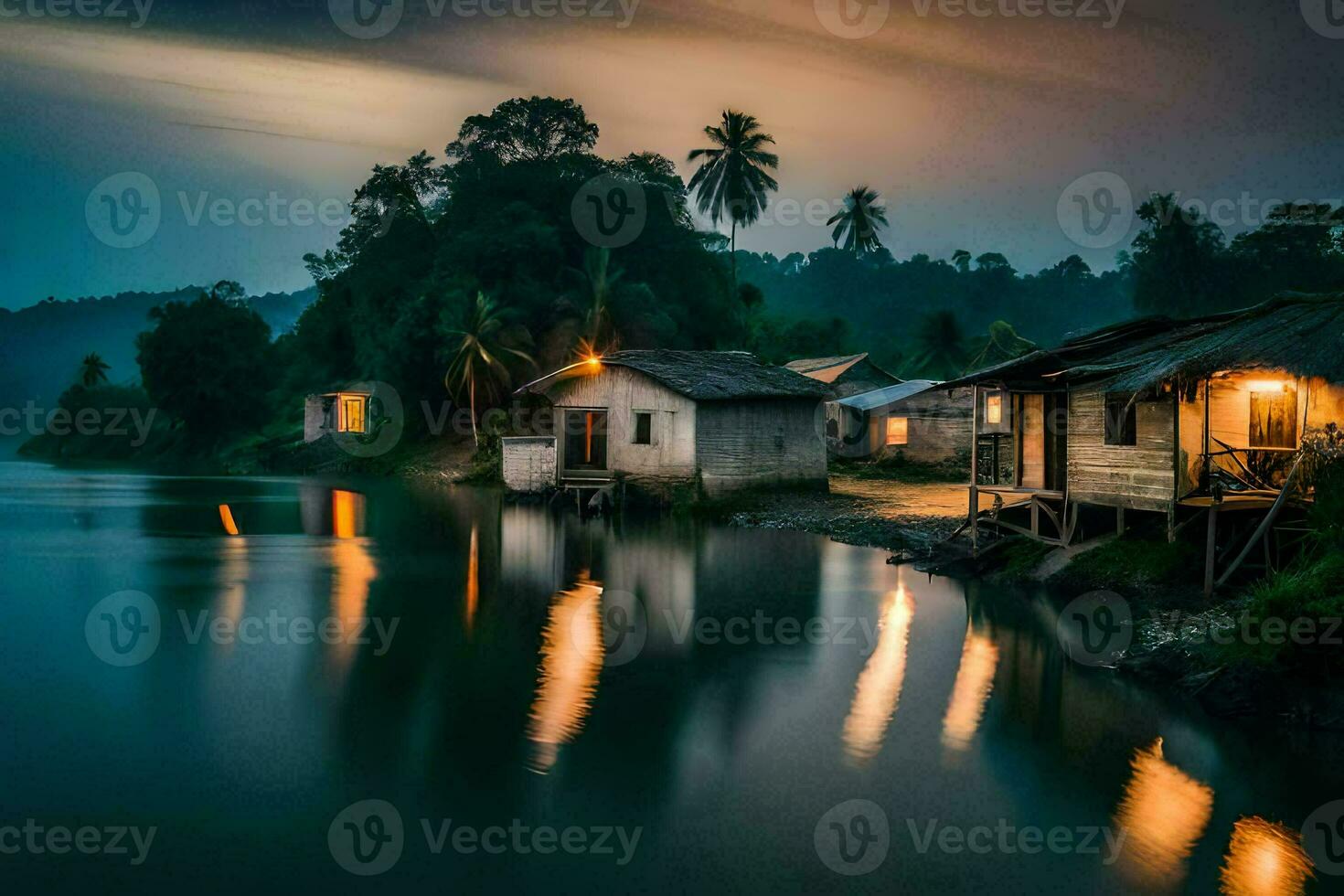 houses on the river at night. AI-Generated photo