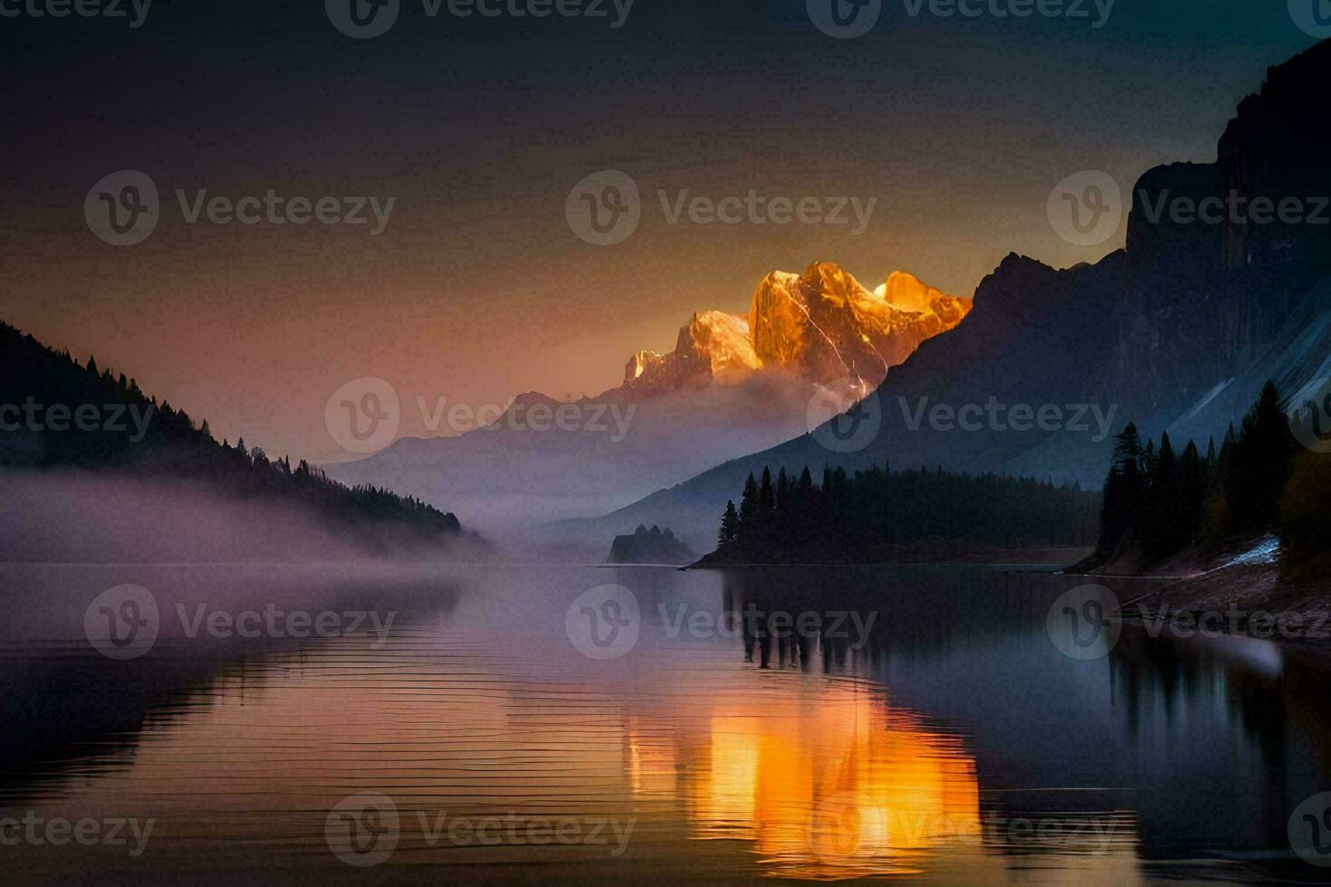 a mountain range is reflected in the water at sunrise. AI-Generated photo