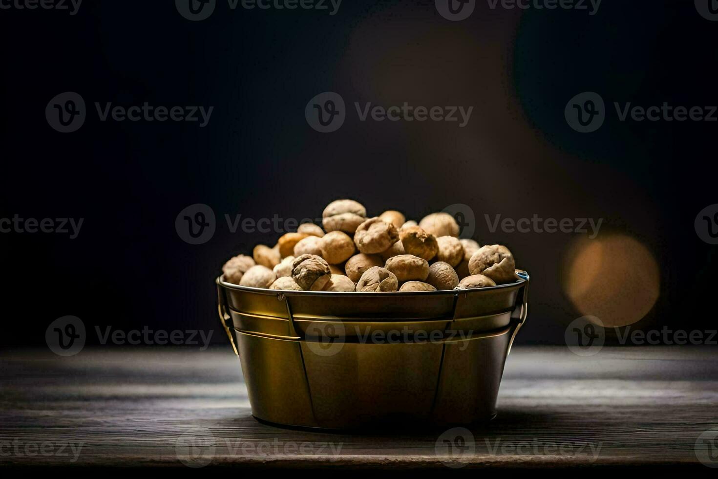 a bucket of nuts on a wooden table. AI-Generated photo