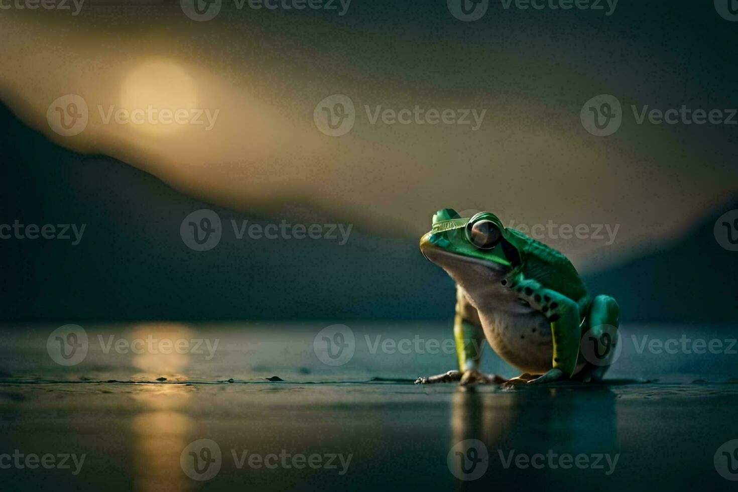a frog sitting on the ground in front of a full moon. AI-Generated photo