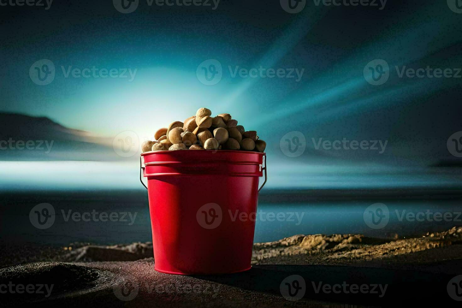 a bucket of peanuts on the beach. AI-Generated photo