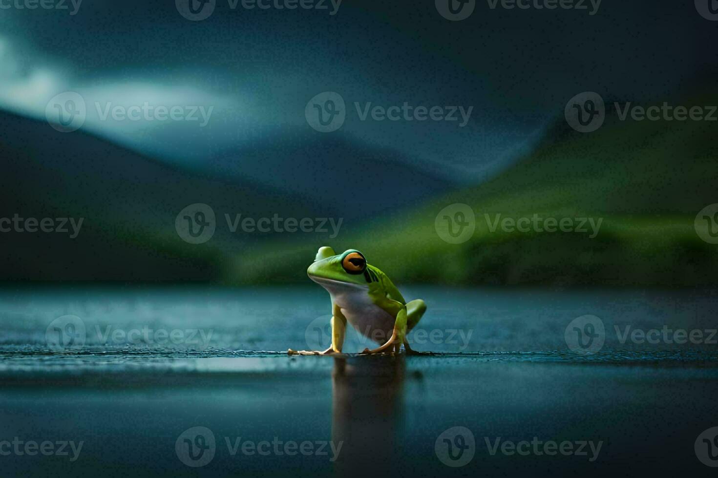 a frog sitting on the edge of a lake in the dark. AI-Generated photo