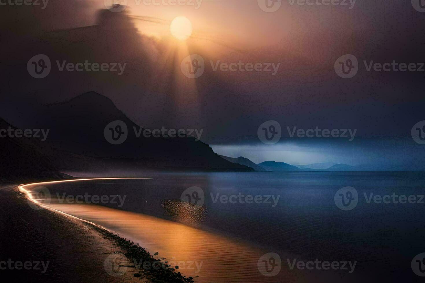 a long exposure photograph of the sun shining over a beach. AI-Generated photo