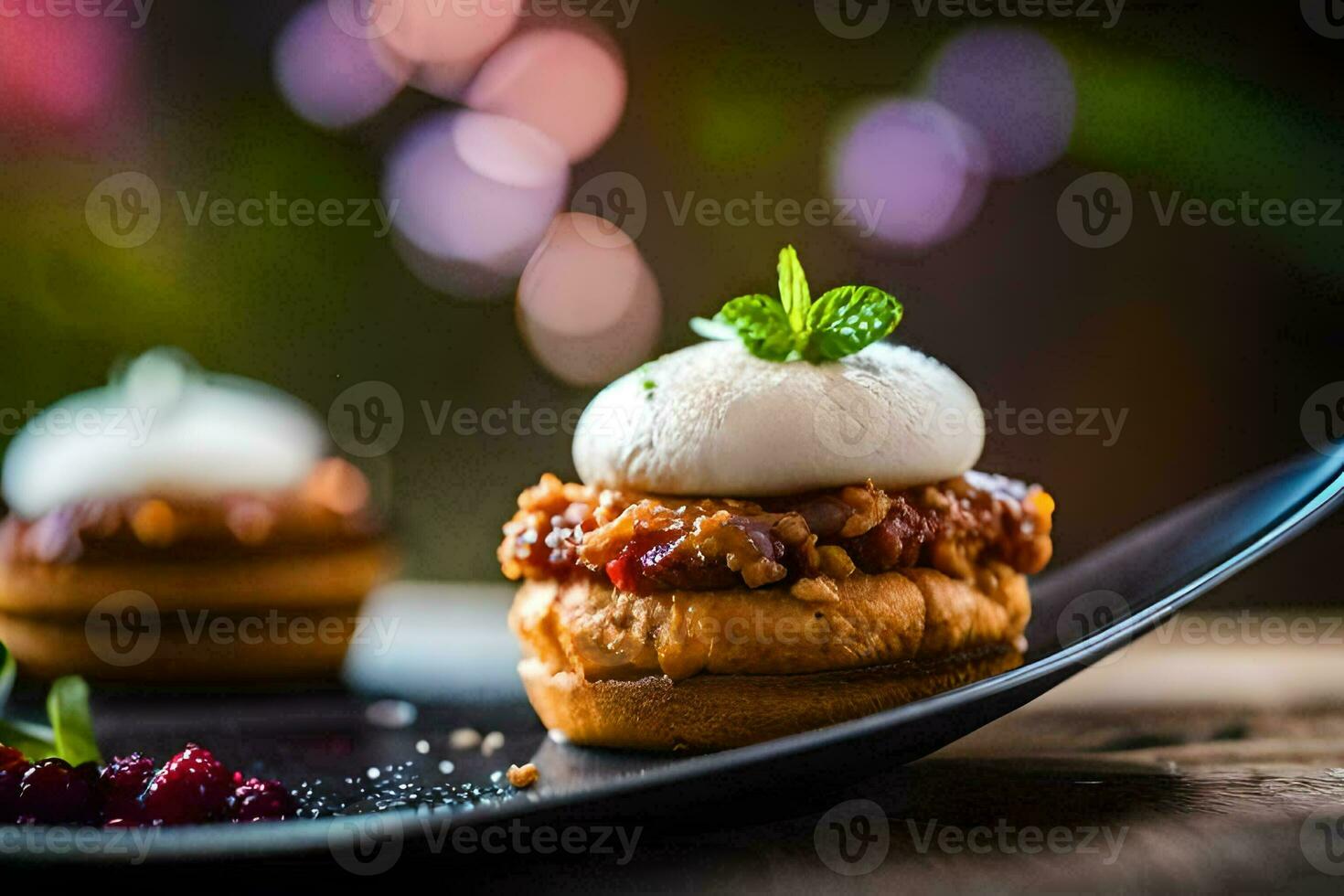 a plate with two mini desserts on it. AI-Generated photo