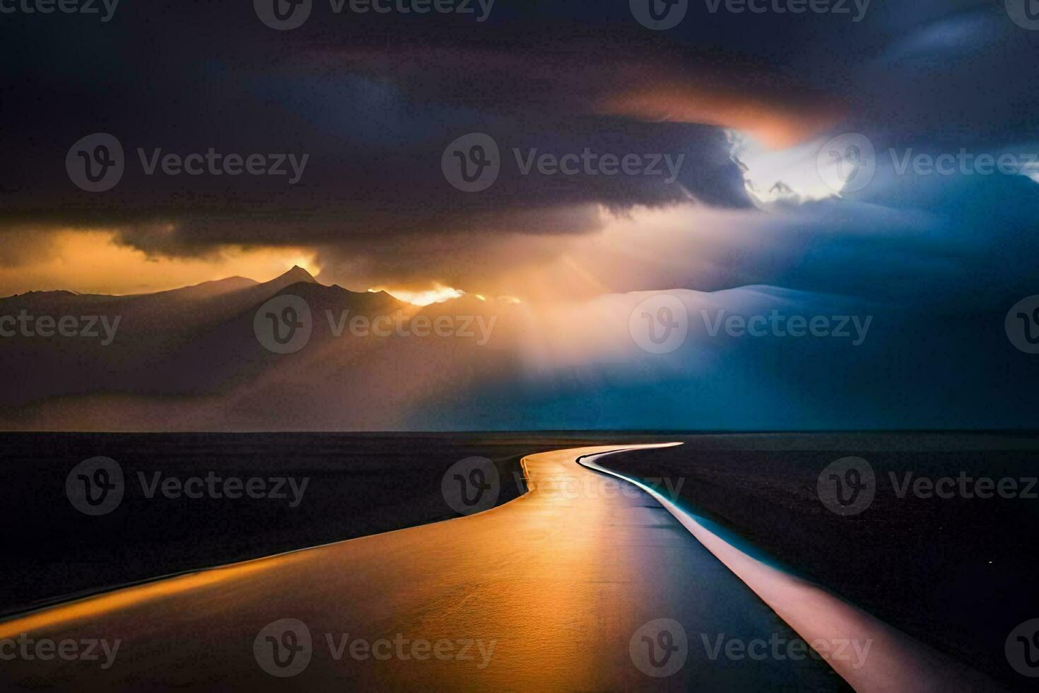 the sun shines through clouds over a river. AI-Generated photo