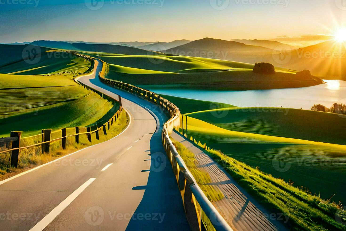 the sun rises over a road in the countryside. AI-Generated photo