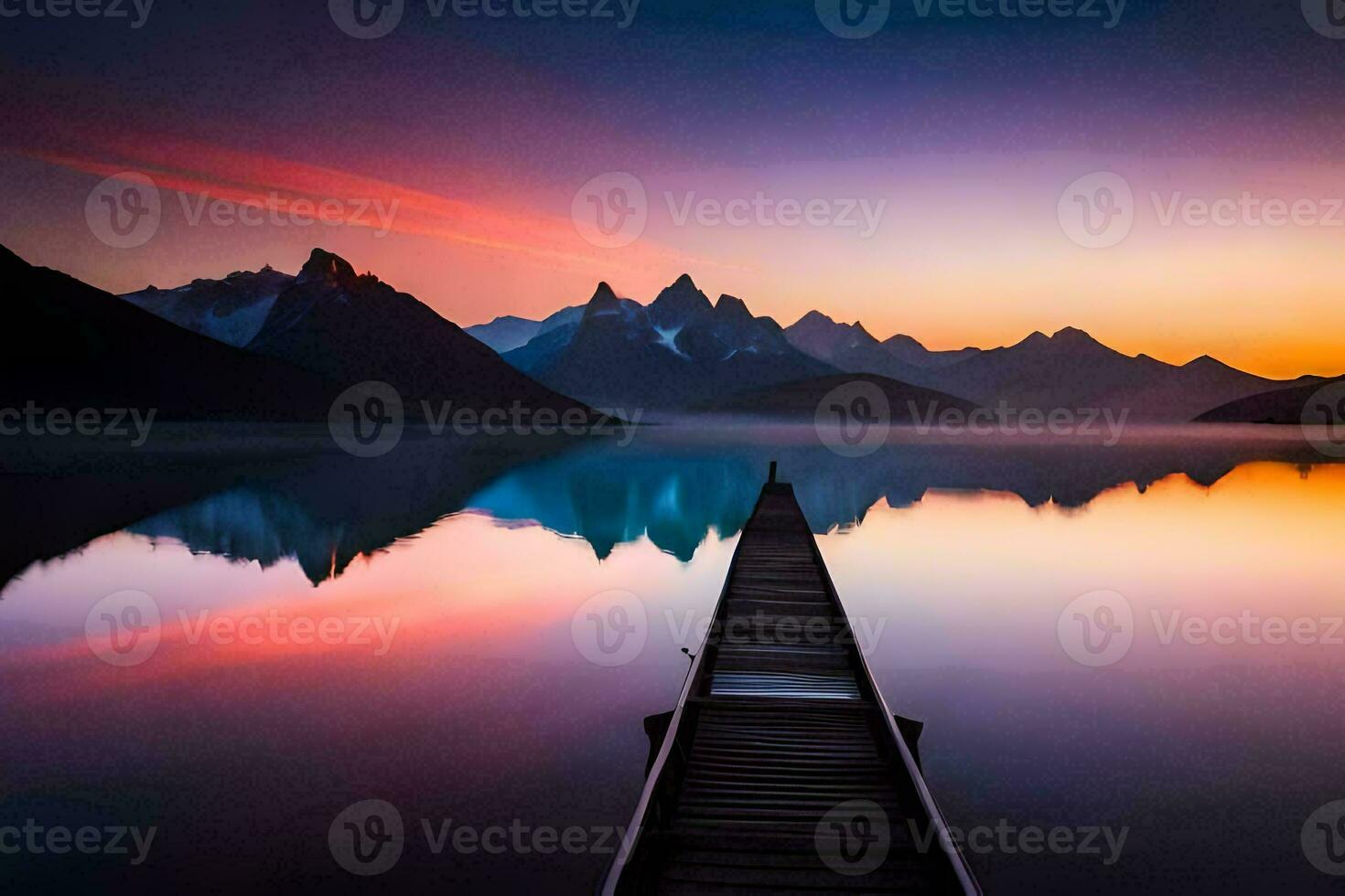 a pier in the middle of a lake with mountains in the background. AI-Generated photo