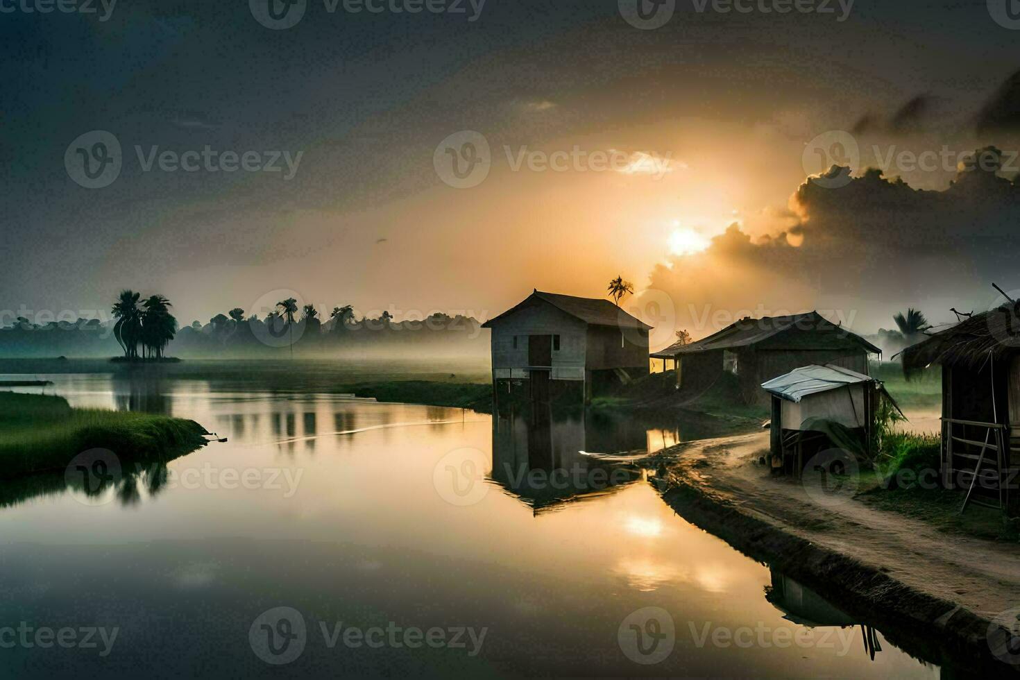 the sun rises over a small village on the banks of a river. AI-Generated photo