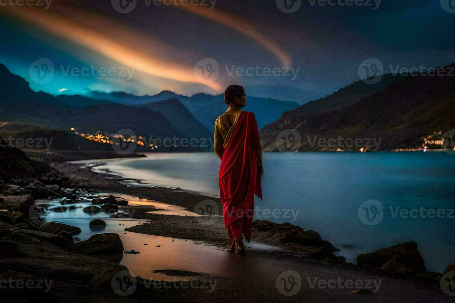 a woman in red robe standing on the shore of a lake at night. AI-Generated photo