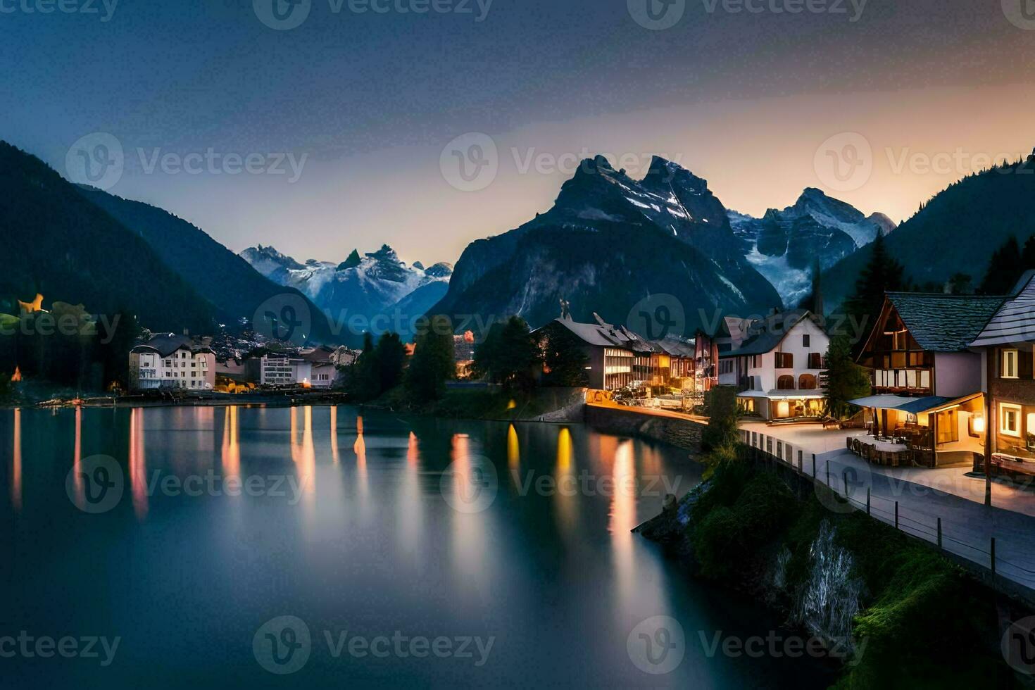 a town sits on the shore of a lake at dusk. AI-Generated photo