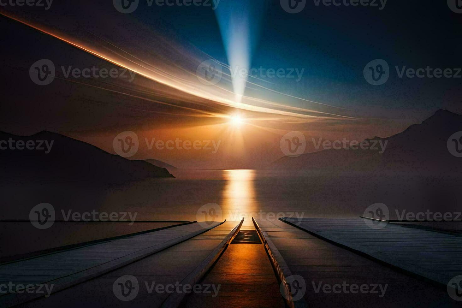 a long pier with a sun setting over the water. AI-Generated photo
