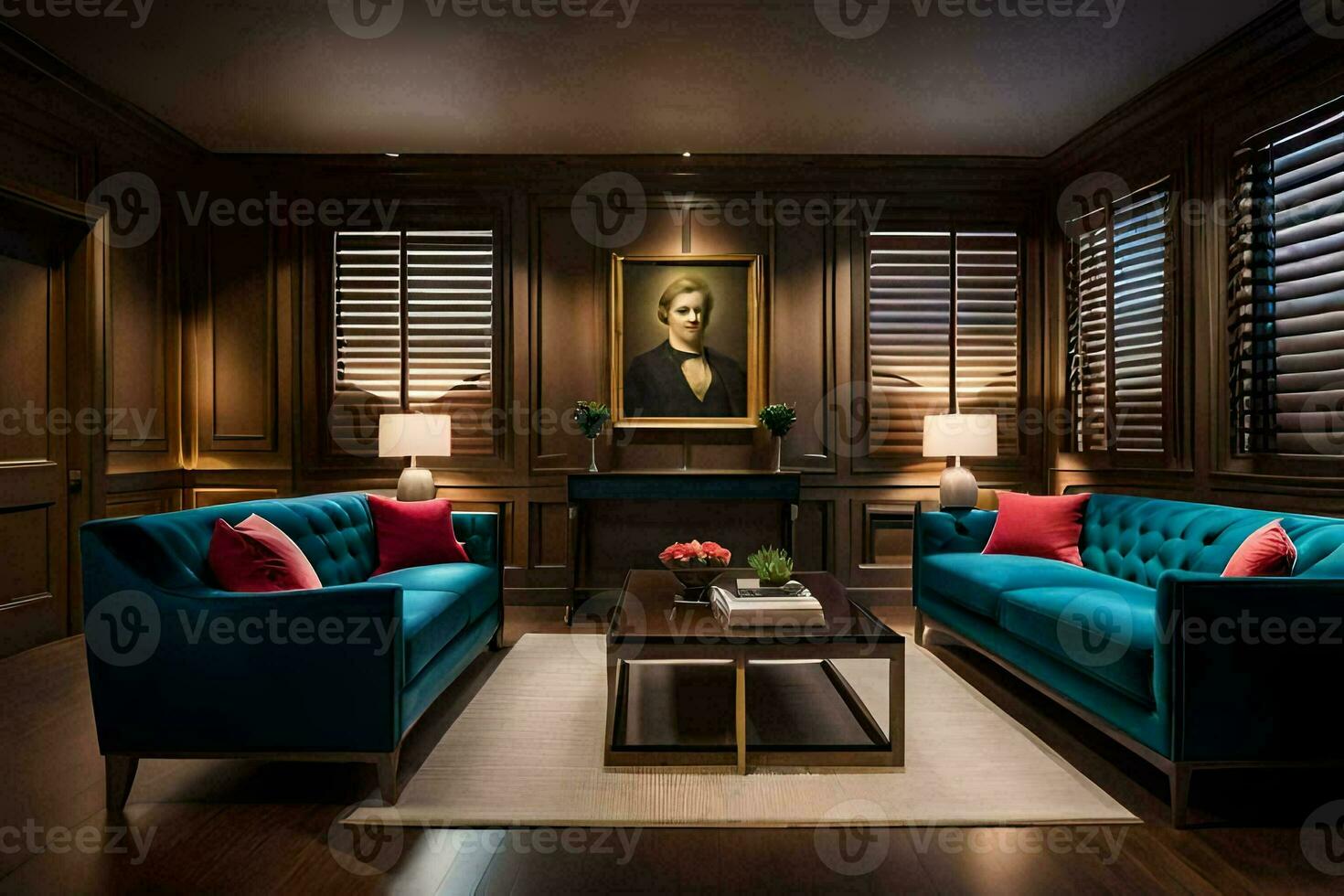 the living room has two blue couches and a painting on the wall. AI-Generated photo