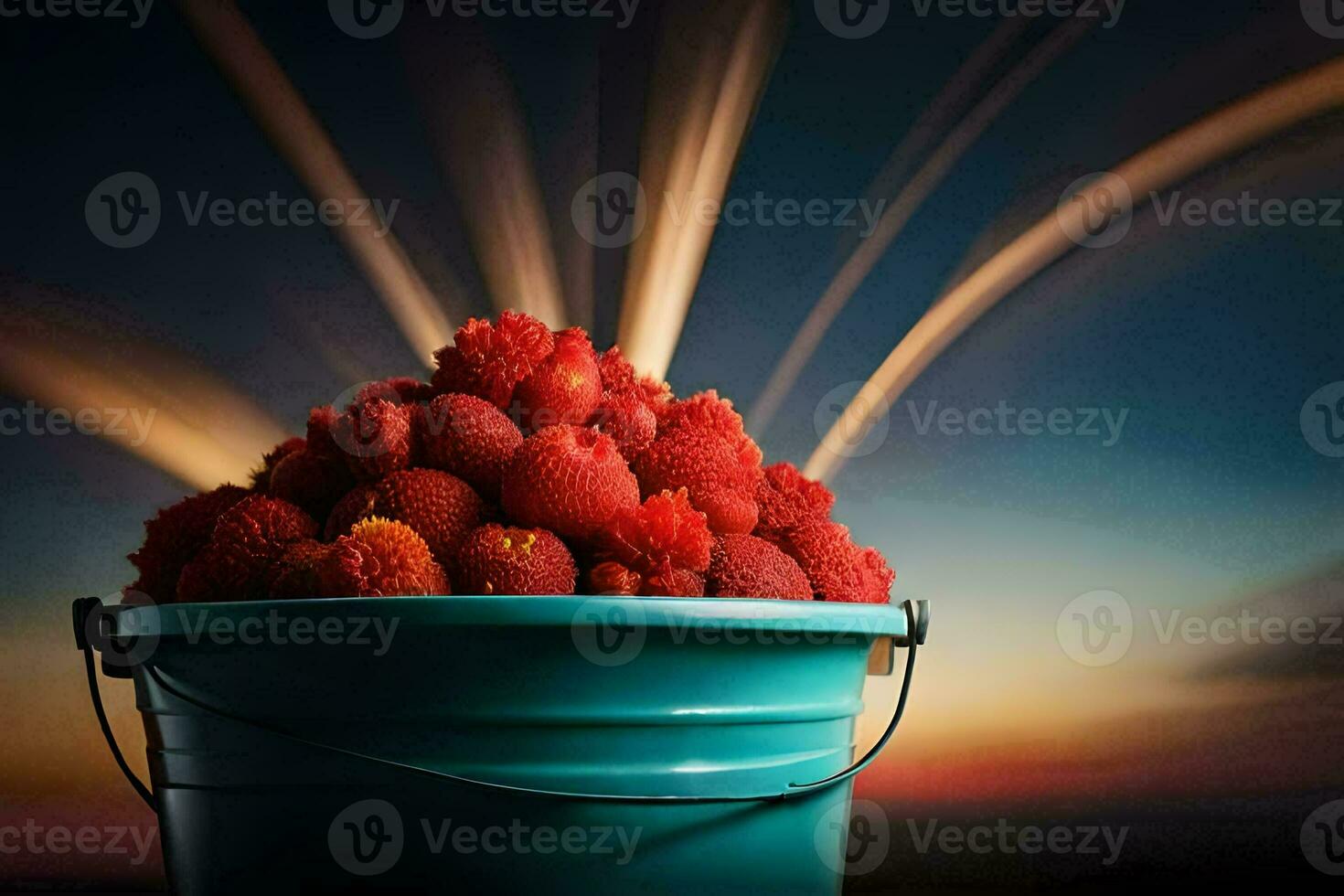 un Cubeta lleno de fresas con un ligero brillante en él. generado por ai foto