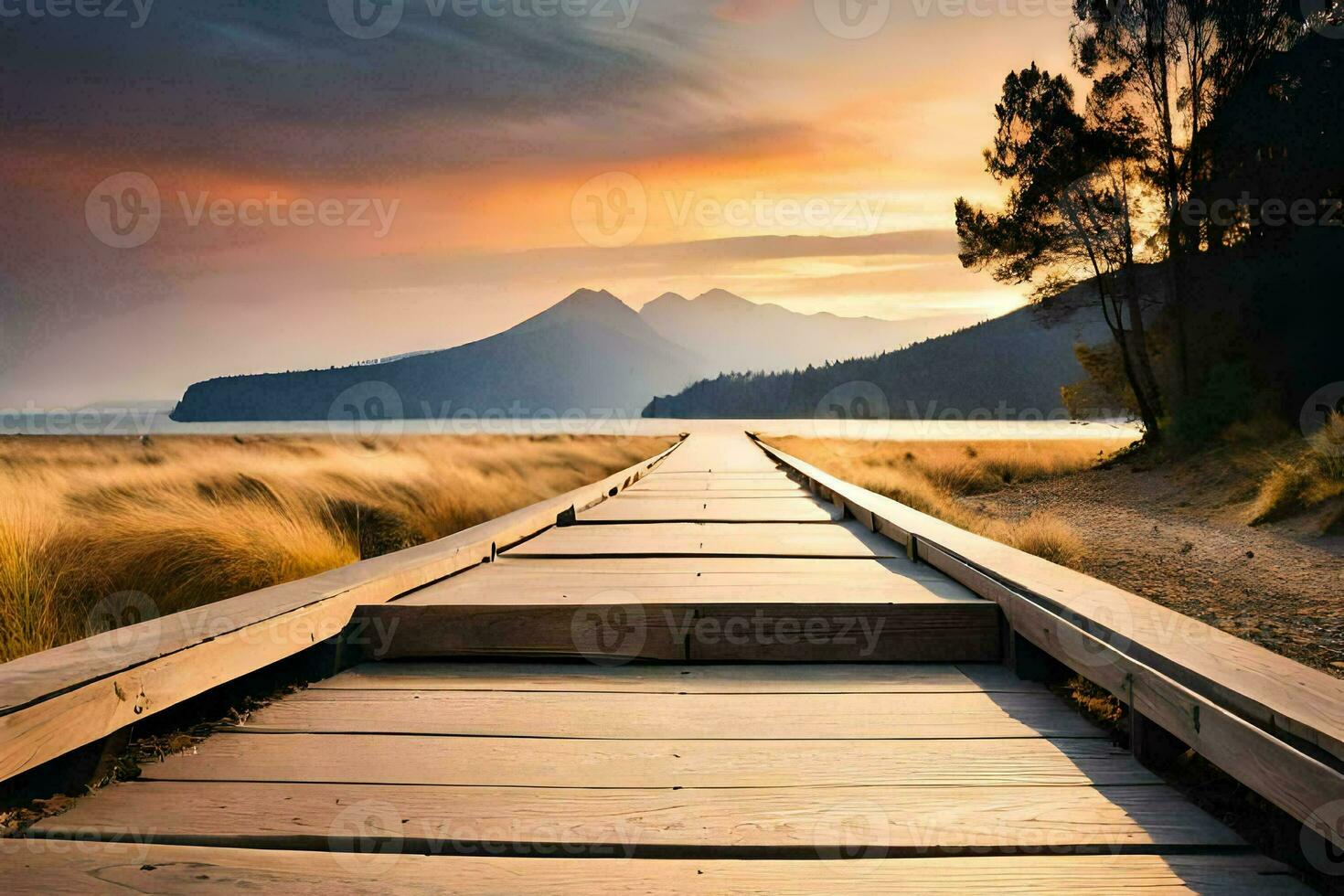 a wooden boardwalk leads to the ocean and mountains. AI-Generated photo