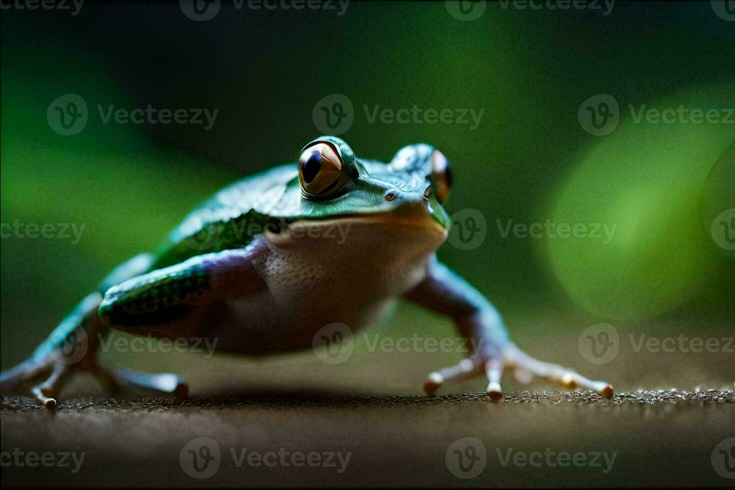 a frog is sitting on the ground with its eyes open. AI-Generated photo