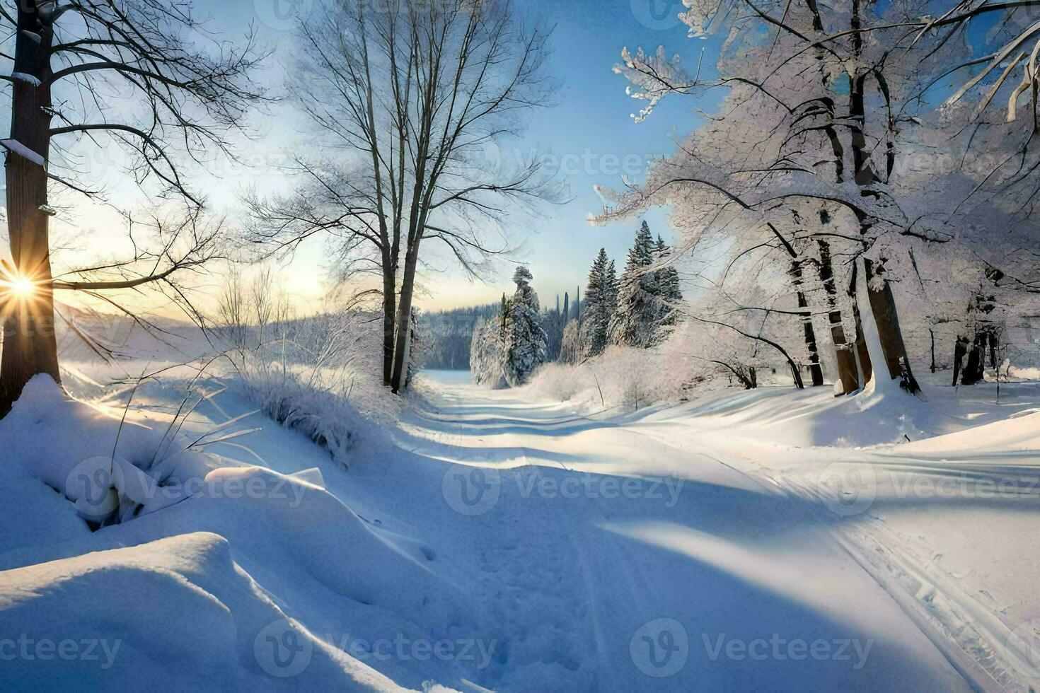 a snowy road with trees and sun. AI-Generated photo