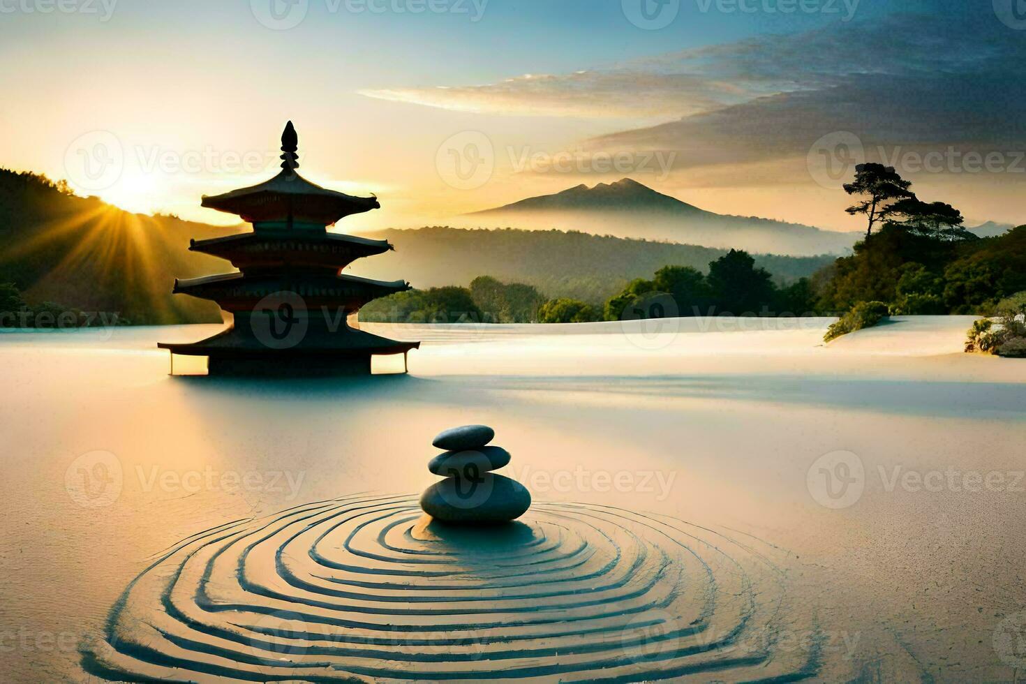 the sunrise over the japanese pagoda. AI-Generated photo