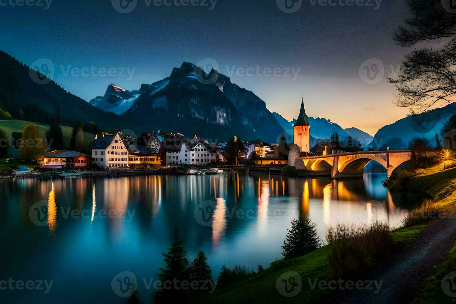 the village of hallstatt, austria, at dusk. AI-Generated photo