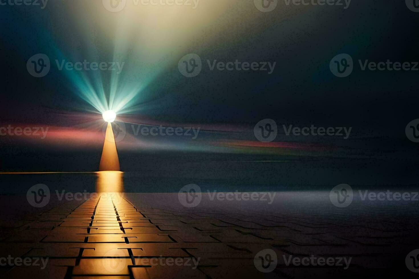 a light shines brightly in the sky over a dark road. AI-Generated photo