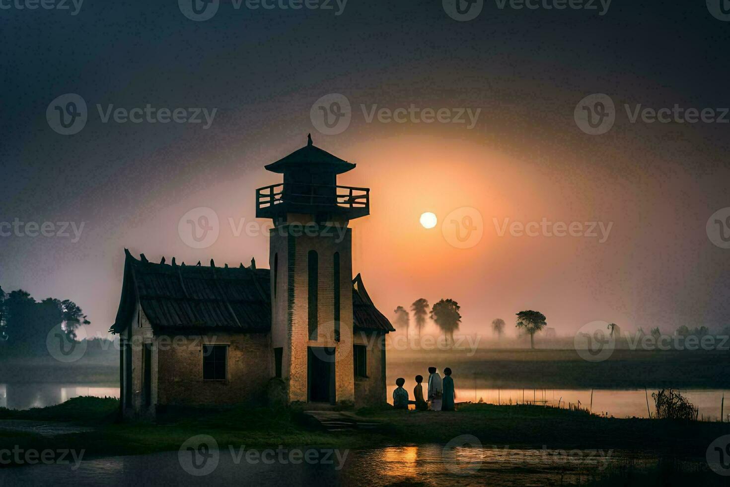 a small church in the middle of a lake at sunrise. AI-Generated photo