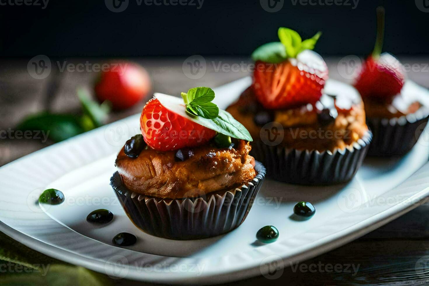 three cupcakes with strawberries and mint on a white plate. AI-Generated photo