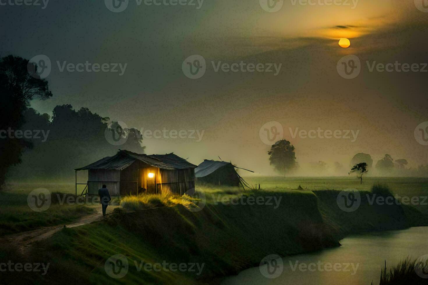 a man walks along a path near a river at sunrise. AI-Generated photo