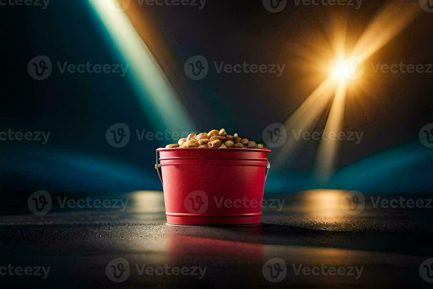 a red bucket with popcorn on a dark table. AI-Generated photo