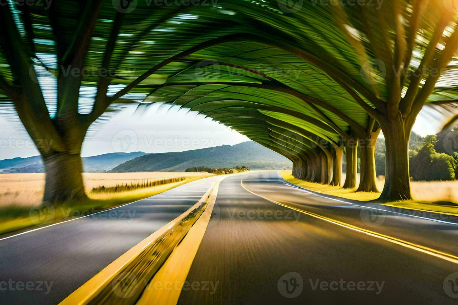 a road with trees and a car driving through it. AI-Generated photo