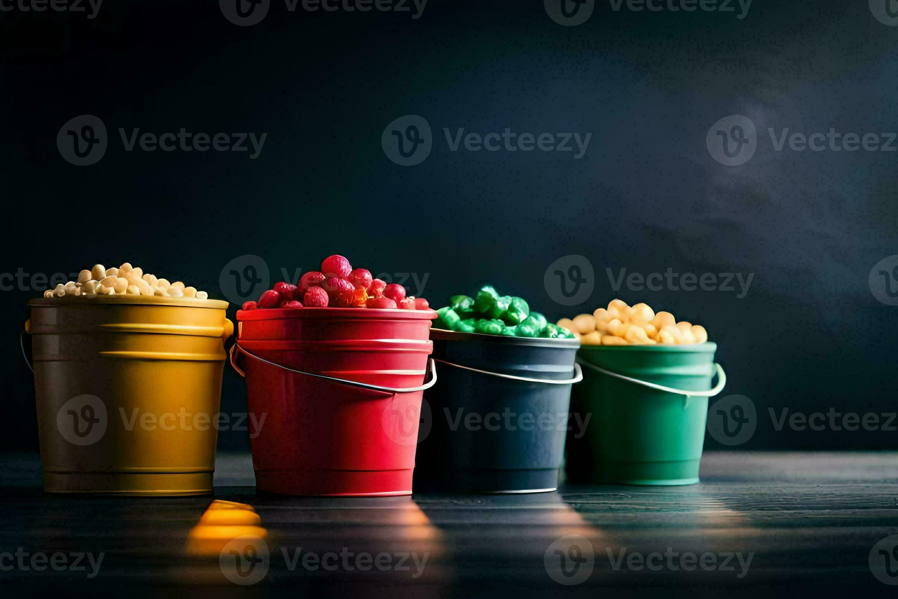 buckets of candy on a dark background. AI-Generated 33617539 Stock