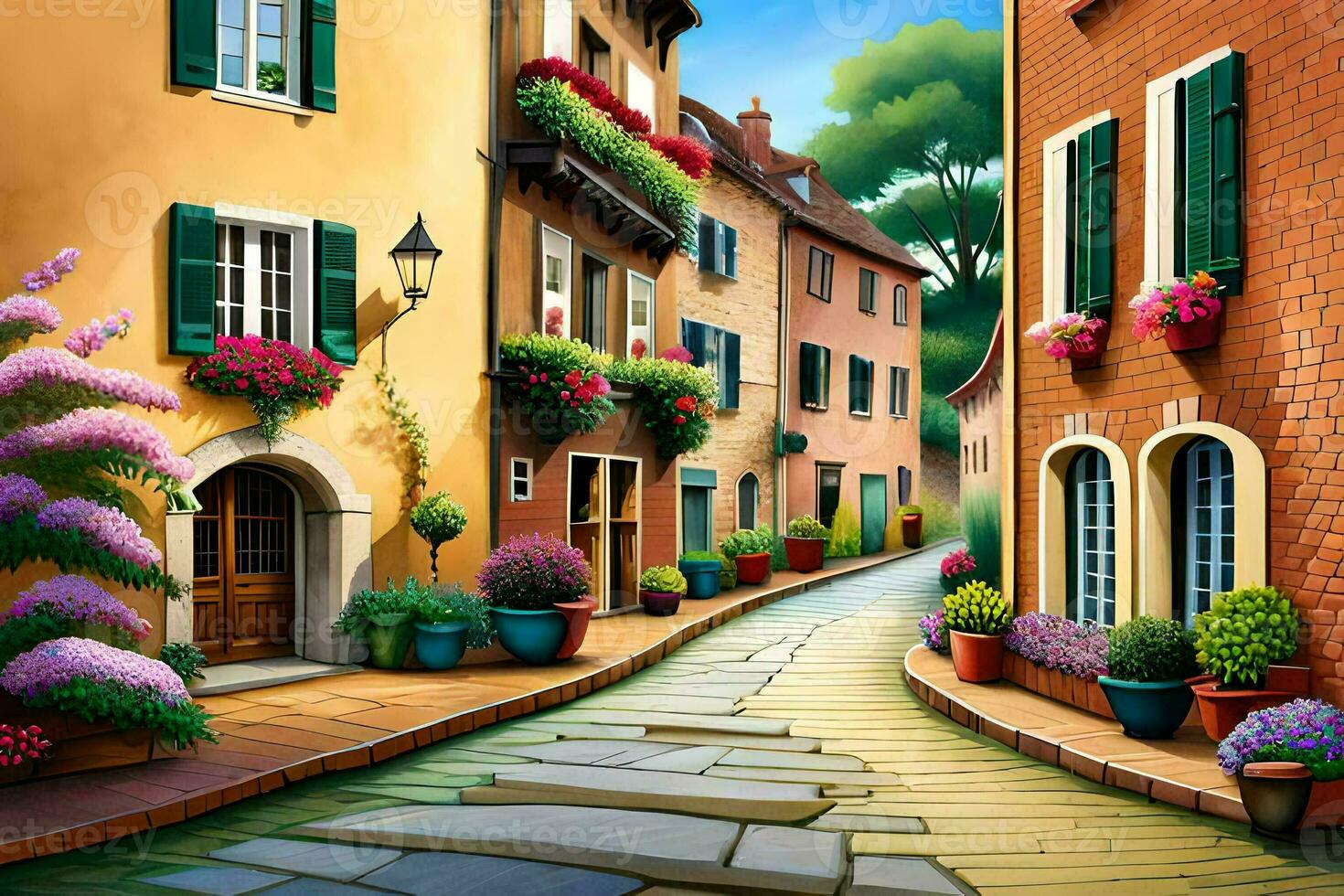 an illustration of a street with flowers and potted plants. AI-Generated photo