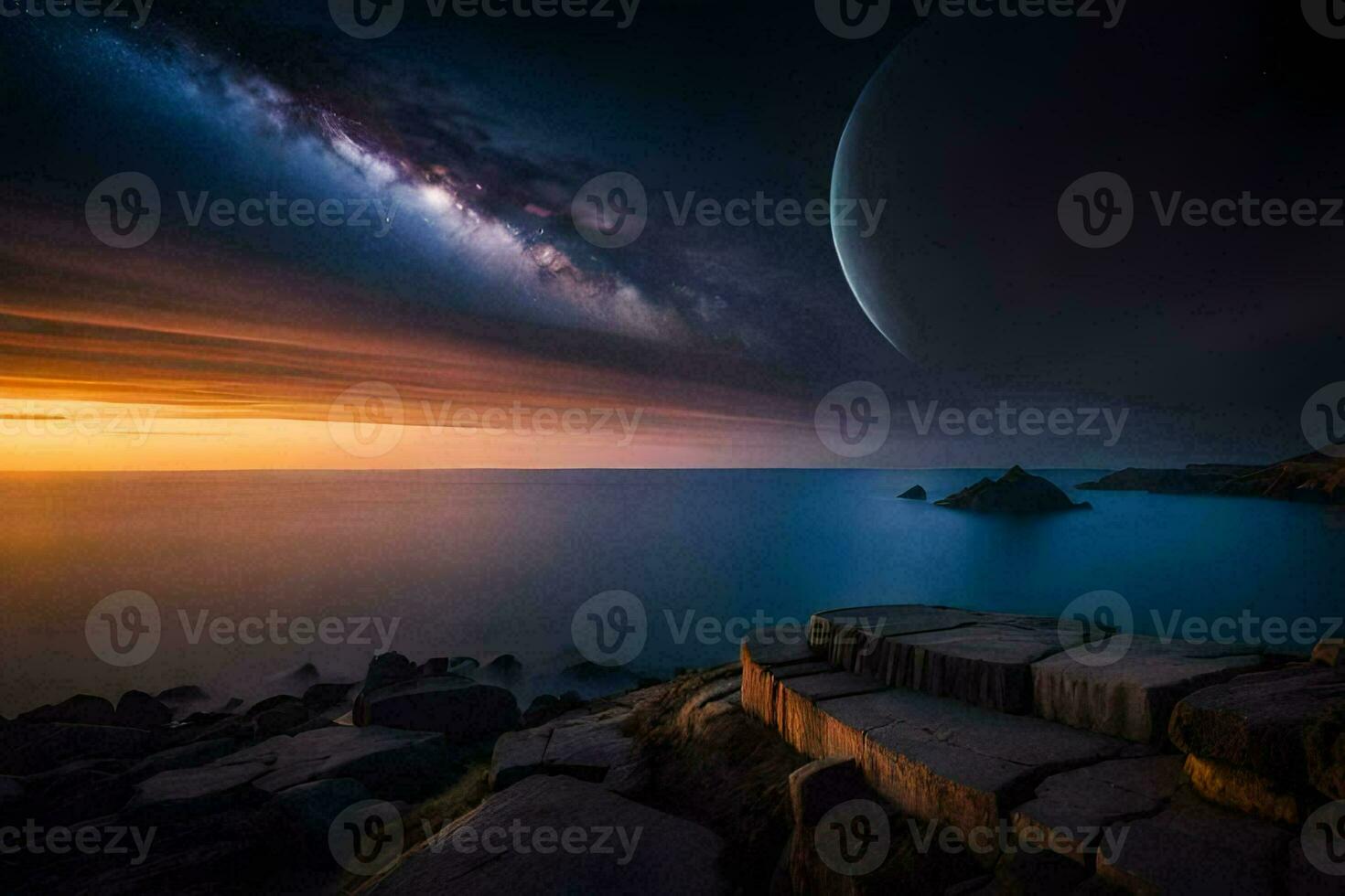 the milky way over the ocean at sunset. AI-Generated photo