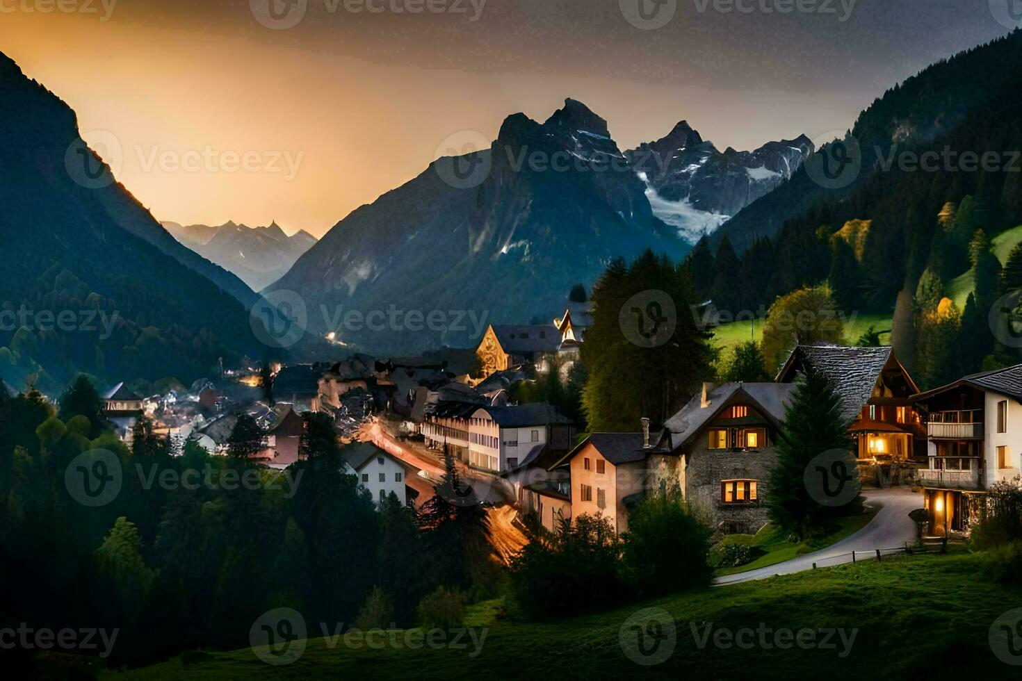 photo wallpaper mountains, the sky, the sun, the mountains, the village, the mountains,. AI-Generated
