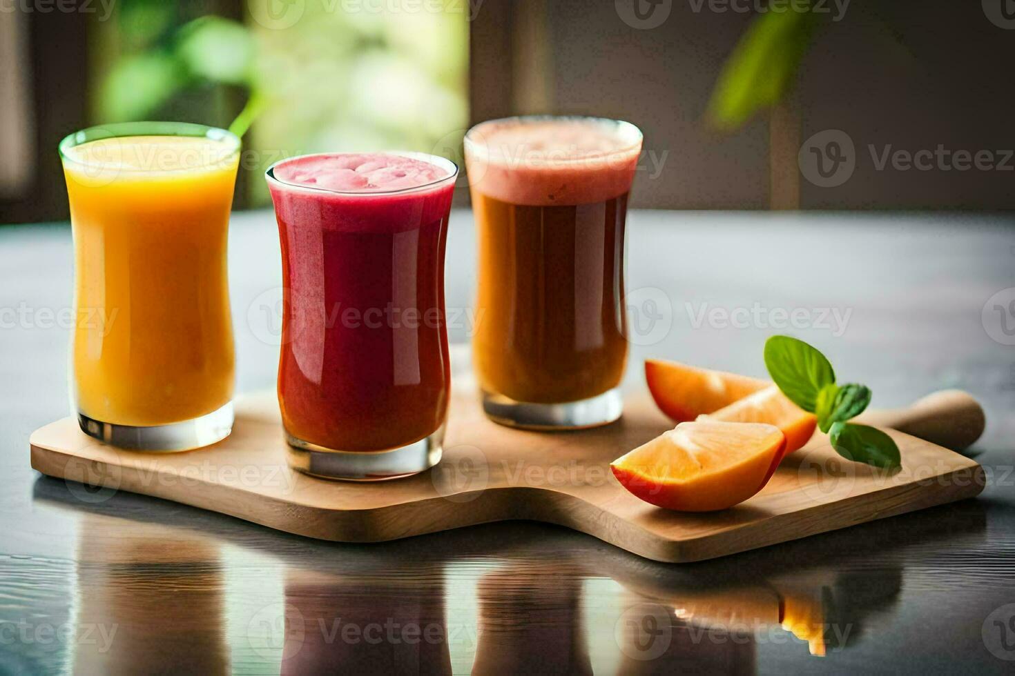 three different juices on a wooden tray. AI-Generated photo