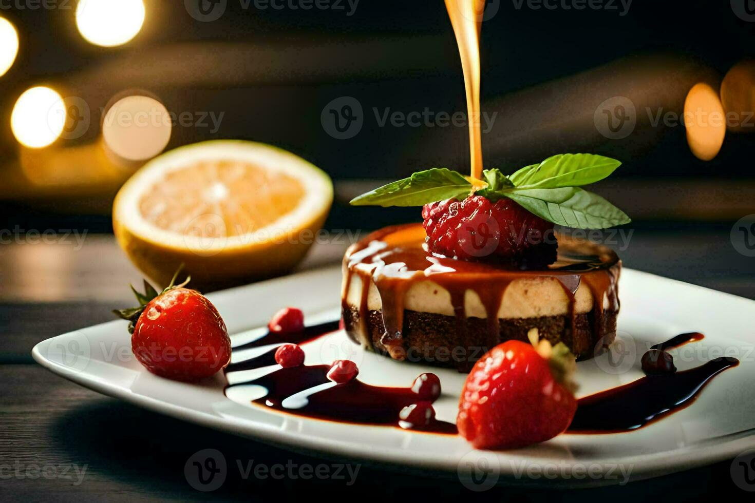 a dessert with strawberries and syrup being poured on top. AI-Generated photo
