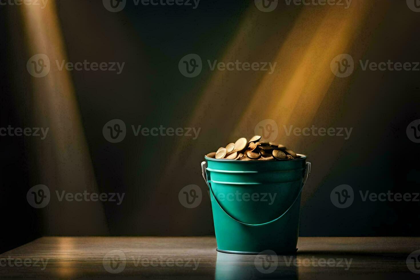 a bucket filled with coins on a table. AI-Generated photo