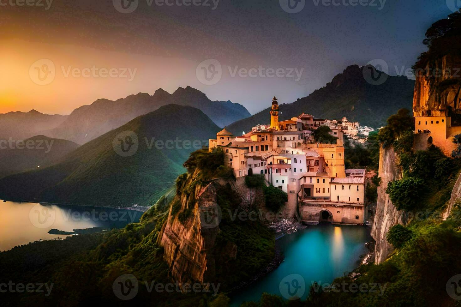 the village of person is perched on the edge of a cliff. AI-Generated photo