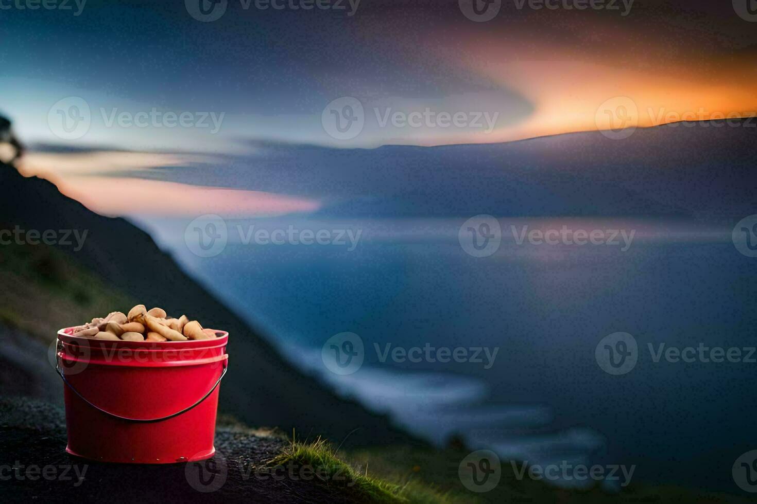 a bucket of peanuts on the edge of a cliff. AI-Generated photo