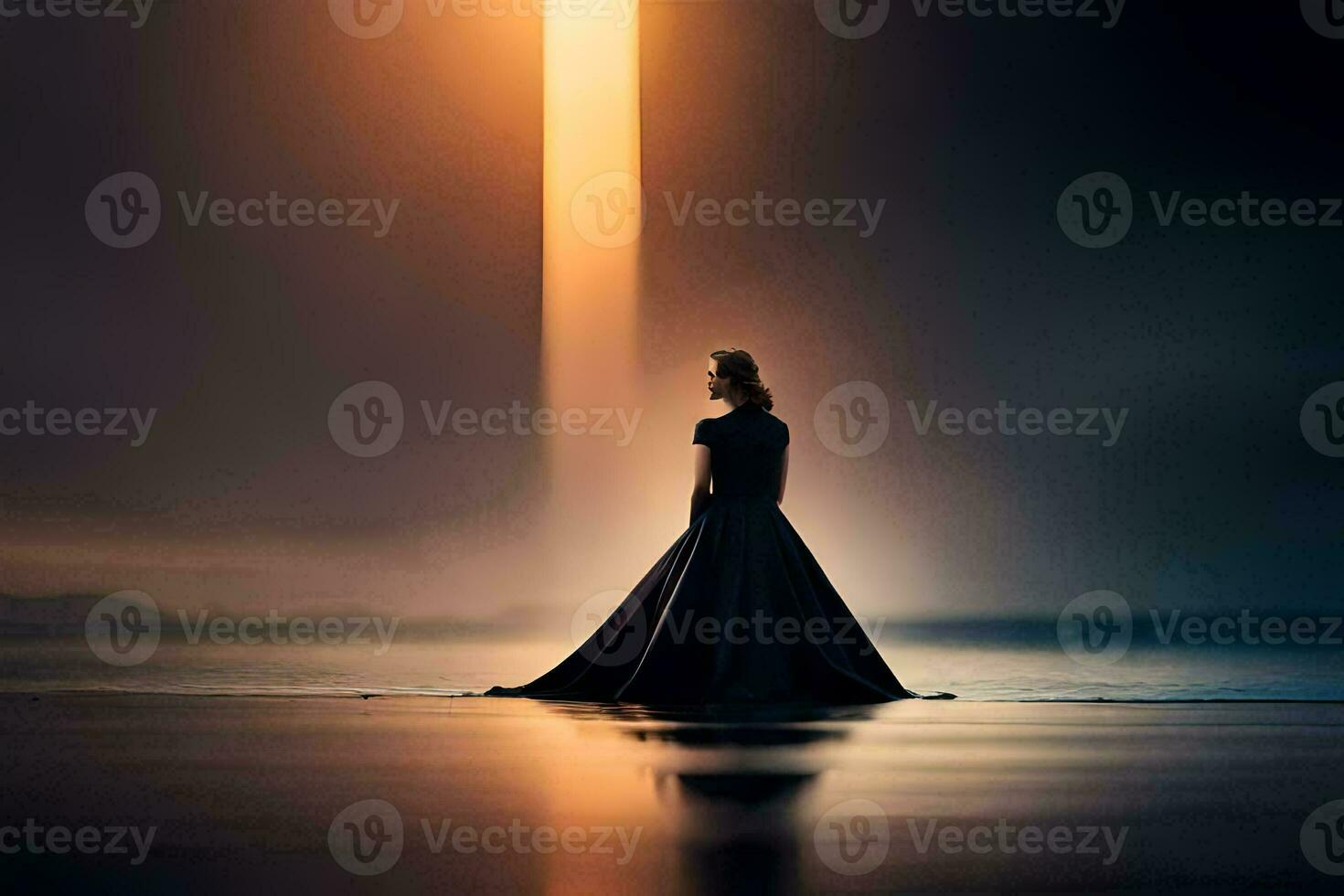 a woman in a long dress standing on the beach at sunset. AI-Generated photo