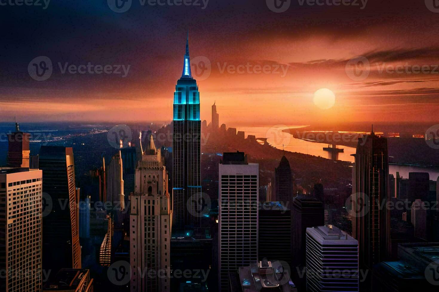 the empire state building is seen in the sunset. AI-Generated photo