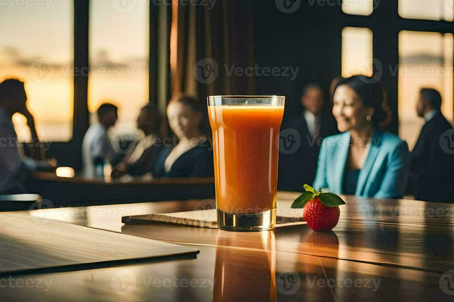 a glass of orange juice on a table in a restaurant. AI-Generated photo