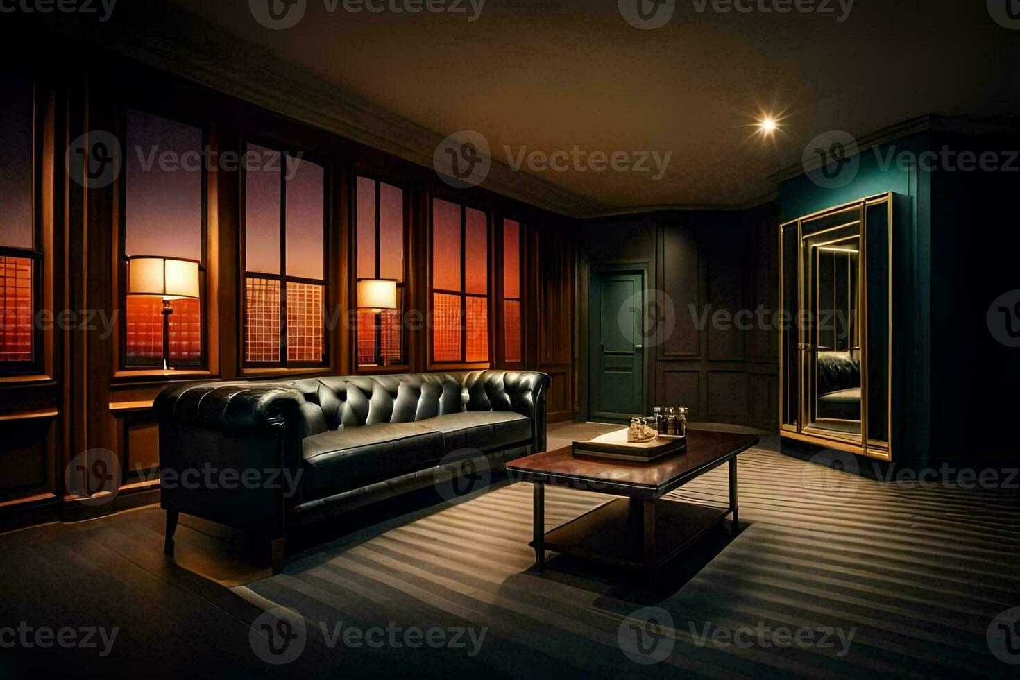 a room with a black leather couch and a mirror. AI-Generated photo