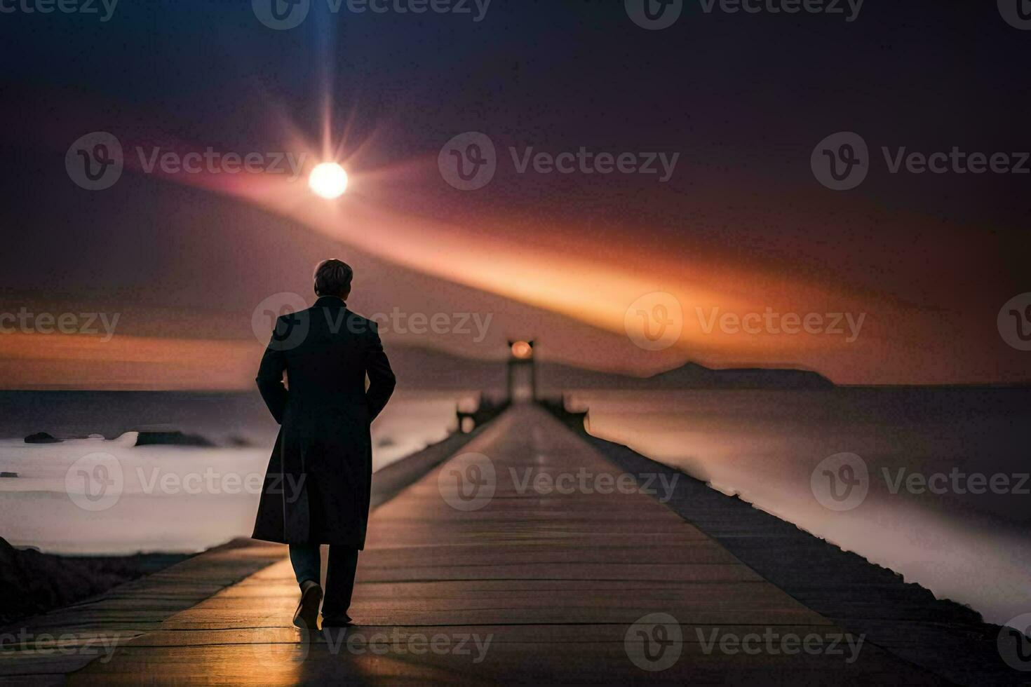 a man is walking along a pier at sunset. AI-Generated photo