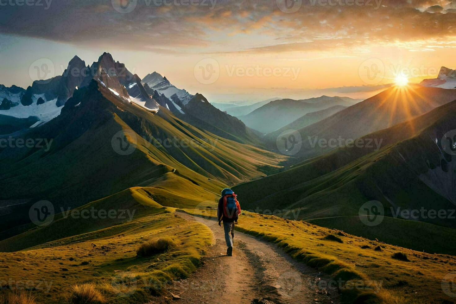 a man walks on a path in the mountains. AI-Generated photo