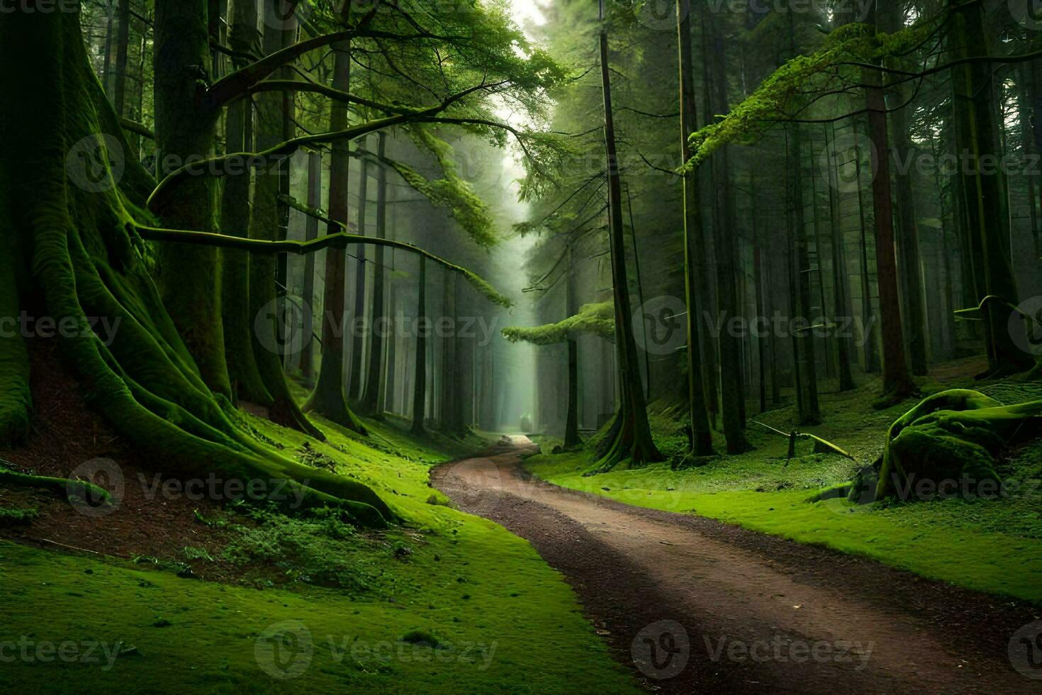 a dirt road in a green forest with trees. AI-Generated photo
