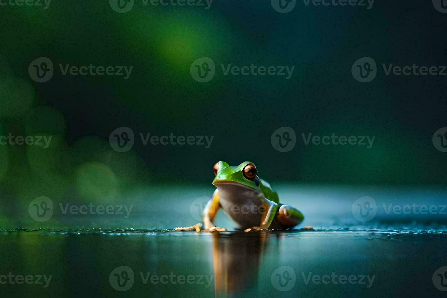 a frog sitting on the ground in the dark. AI-Generated photo