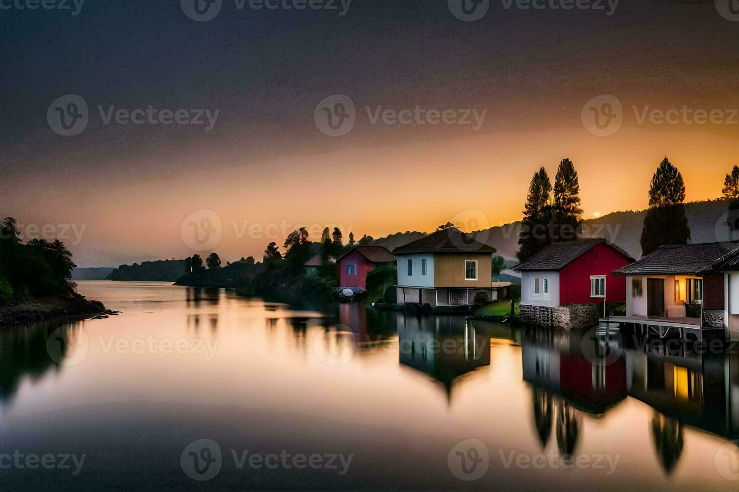 houses on the water at sunset. AI-Generated photo