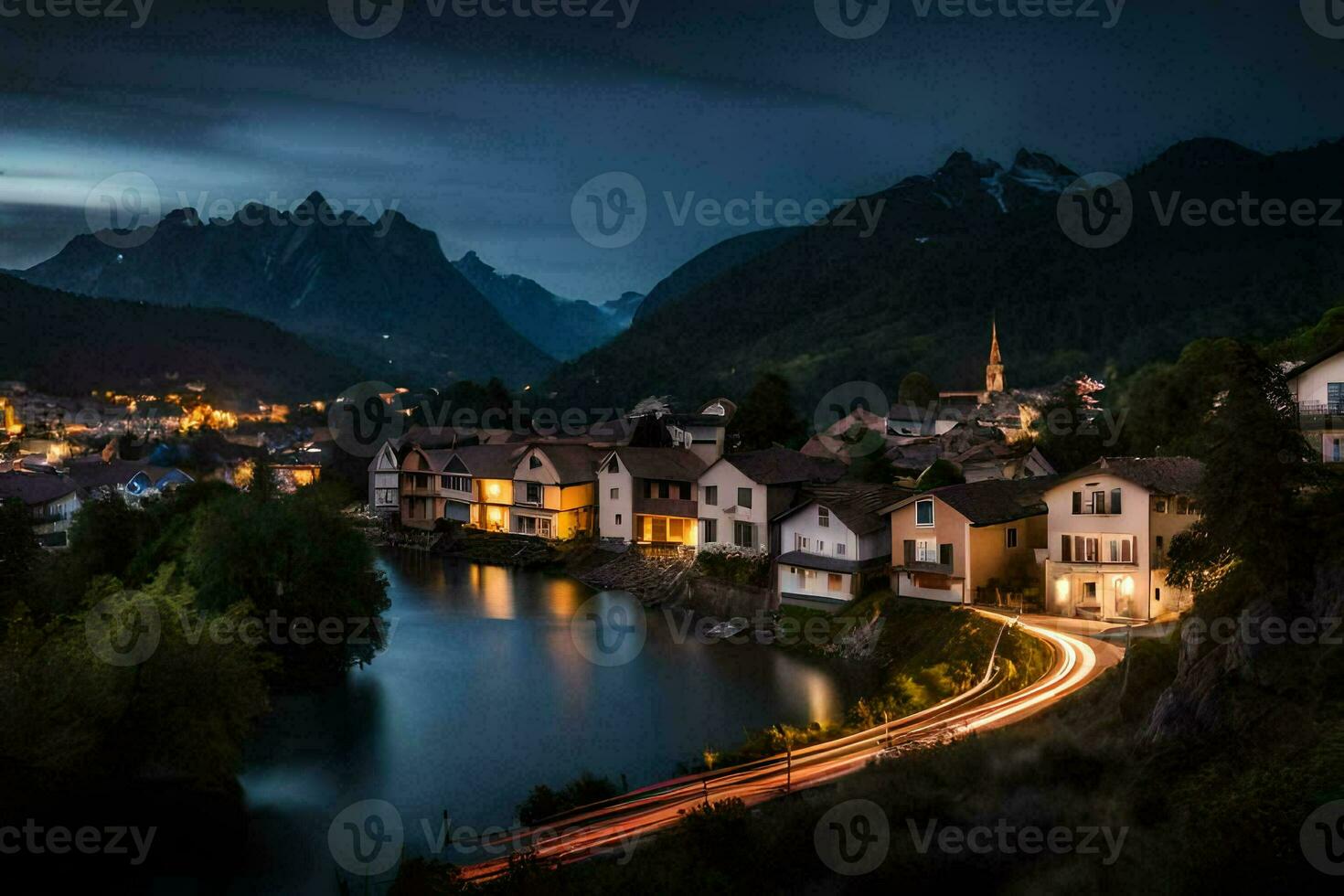 un pueblo y río a noche en el montañas. generado por ai foto