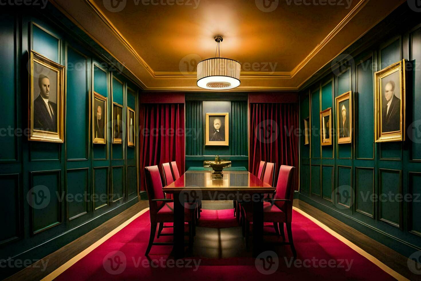 a dining room with red carpet and green walls. AI-Generated photo