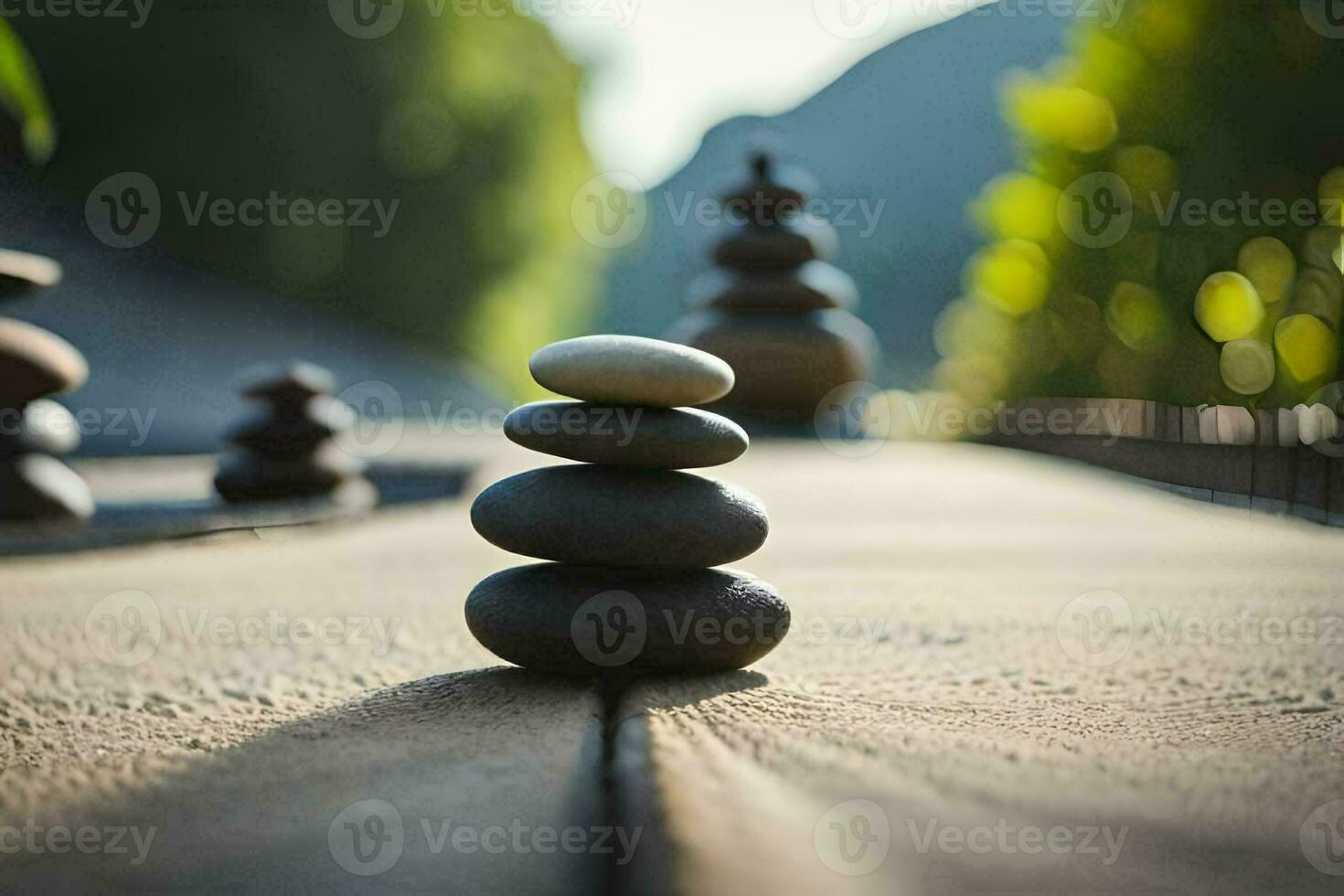 a stack of stones on a wooden table. AI-Generated photo